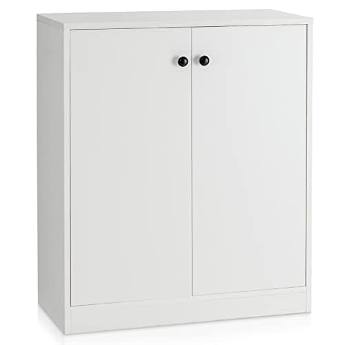 Image of COSTWAY Wooden Storage Cabinet, Freestanding Buffet Sideboard with Doors & Shelves, Display Cupboard Floor Cabinet for Kitchen Dining Room (2 Doors, White)