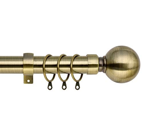 Image of Plain Metal Ball Extendable Curtain Pole. Includes Pair Of Superior 60mm Size Finials, Rings, Brackets & Fittings Set. (Antique Brass, 70cm - 120cm, 28 inch to 48 Inch)