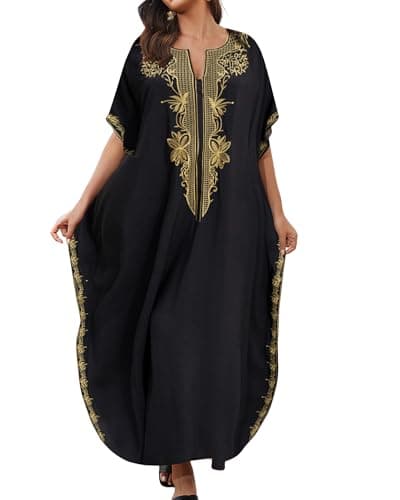 Image of Bsubseach Kaftan Dresses for Women Gold Embroidery Long Beach Cover Ups Caftan Loungewear Vacation Outfits Black