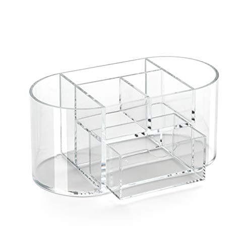 Image of Osco Clear Acrylic Desk Organiser with Drawer, 6-Compartment Stationery Holder & Pen Pot, Desk Tidy Storage Box for Home Office, Makeup Brush & Cosmetic Organiser, H10.5 × W23 × D12 cm