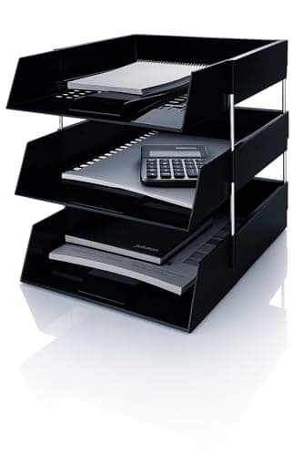 Image of OS Smart Choice A4 Letter Trays, 3-Tier Stackable Document Organiser, Plastic Desktop Filing System, BLACK