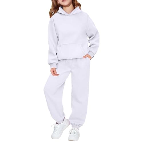 Image of Kids Tracksuit Full Set 2 Piece Sport Outfit Boys Girls Long Sleeve Hoodie Sweatshirts and Loose Sweatpants Bottom Jogging Pants Activewear Track Suit (White, 13-14 Years)