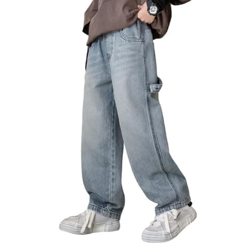 Image of Rolanko Boys Baggy Jeans Elasticated Waist Cargo Bootleg Skater Jeans with Multipockets Vintage Streetwear Denim Pants for Kids, Wash Denim Blue, 160, 11-12 Years