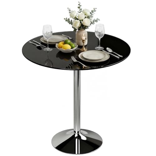 Image of HOMCOM Round Bar Table, Modern Dining Table with Tempered Glass Top and Steel Frame for 4, Easy Assembly for Breakfast Bar, Dining Room, 70 x 70 x 75.5cm, Black