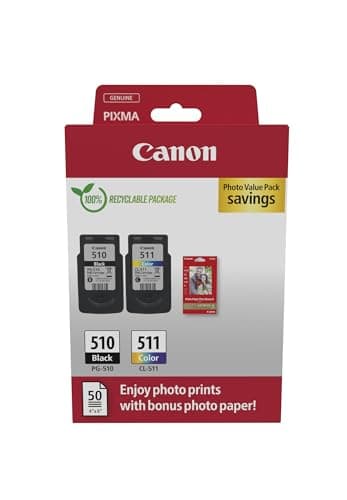 Image of Canon PG-510 / CL-511 Genuine Ink Cartridges, Pack of 2 (1 x Black, 1 x Colour), Includes 50 sheets of 4x6 Photo Paper - Cardboard Multipack