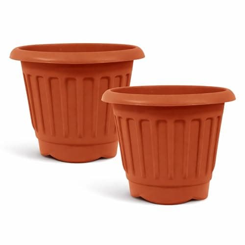 Image of simpa Round Chunky Terracotta Plastic Indoor or Outdoor Planters - Set of 2 Pots 40cm