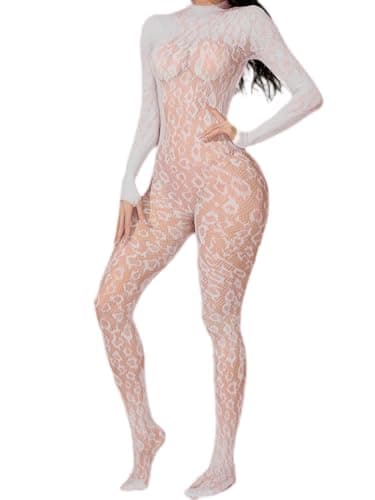 Image of CZSABXY Womens One Piece Fishnet Bodysuit Lingerie Mesh Bodystocking Nightwear Jumpsuit Underwear(White)
