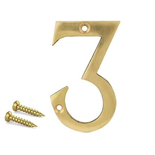 Image of TERF® 3 Inch (75mm) Brass Polished Finish Screw Fix Front Door Number '' 3 '' Mailbox Hotel House Door Number Suitable for All Door Types Wooden, u PVC and Composite With Fixing Screw [ Number - 3 ]