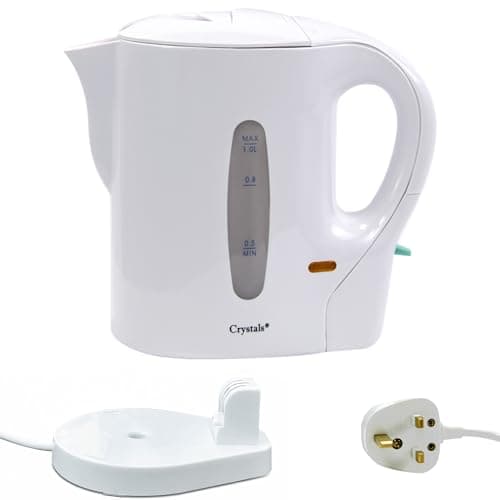 Image of Crystals 1 Litre Electric Travel Kettle - Low Wattage Portable Mini White - Small Lightweight Cordless Water Kettle for Elderly, Bedroom, Caravan, Camping, Daily Use - 830W