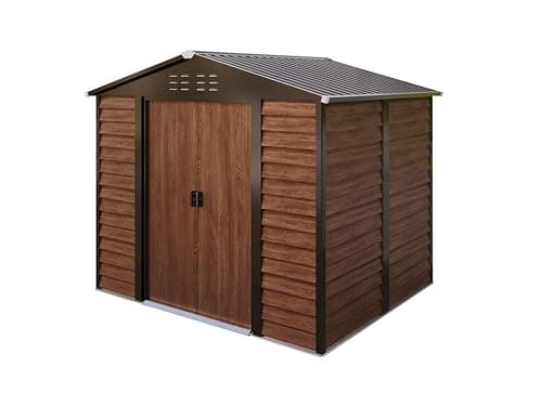 Image of BIRCHTREE 8X6ft Galvanized Metal Garden Shed With Foundation Outdoor Storage Box Tool House Bike Shed Waterproof Apex Roof Lockable Sliding Doors for Backyard, Patio, Garbage Bin, Log