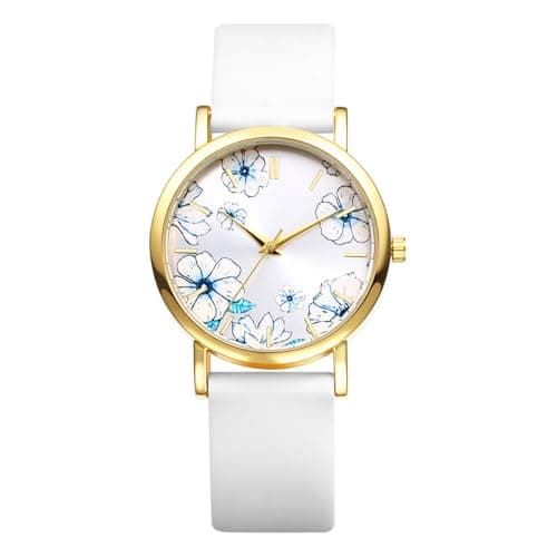 Image of JewelryWe Silicone Watch for Women - Simple Flower Painted Dial Analog Quartz Watches Elegant Cute White Wristwatch for Ladies Students