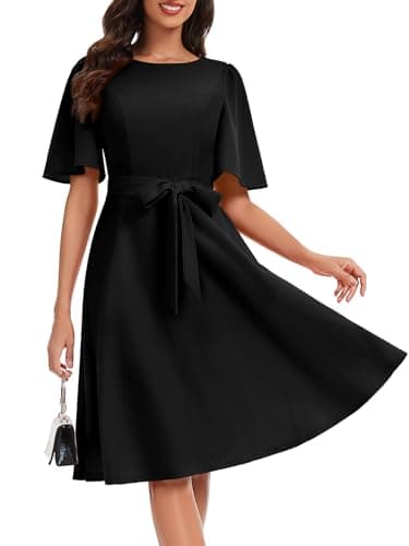 Image of Fynadressr Black Prom Work Funeral Dress Ladies Wedding Guest Cocktail Formal Party Graduation Daily Dress A Line Short Sleeve Black 2XL