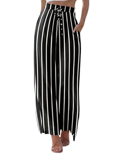 Image of CHICZONE Women Drawstring Pants Lounge Pants Waist Wide Leg Palazzo Boho Trousers Loose Fit with Pockets Blackwhite