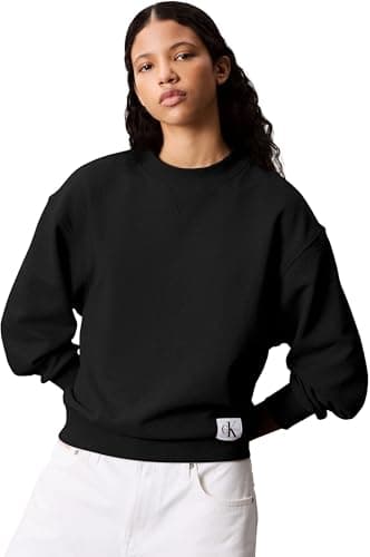 Image of Calvin Klein Women’s Round Neck Badge Logo Terry Sweatshirt, Black (Black), L