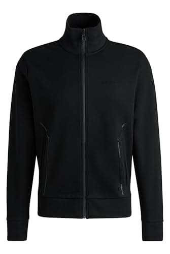 Image of BOSS Mens Skaz Mirror Cotton-Blend Sweatshirt with Jacquard Cuffs and Collar Black