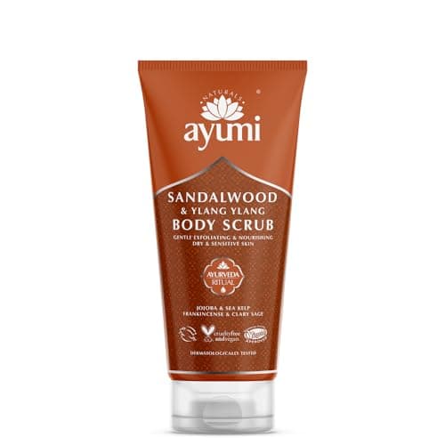 Image of Ayumi Sandalwood Exfoliating Body Scrub to Calm Irritation|Sensitive Skin Scrub with Jojoba Oil |Aromatic Scrub with Ylang Ylang Essential Oil | Body Scrub for Women & Mens Skincare Rituals | 1x200 ml