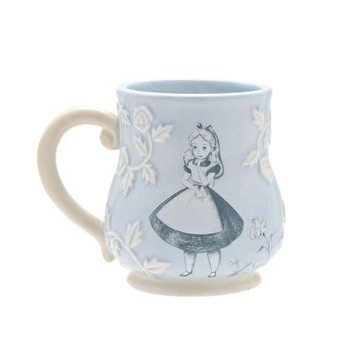 Image of Disney - Alice in Wonderland - Ceramic Blue Embossed Mug - Alice - 'What Kind of Garden Do You Come from?' Decor & Homeware for Kitchen, Garden Party Serving & Dining H: 10cm x W: 12cm x D: 9cm.