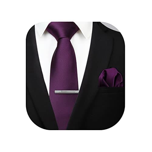 Image of HISDERN Purple Solid Color Wedding Tie and Pocket Square, Classic Tie Clip Set for Men-Multiple Colors