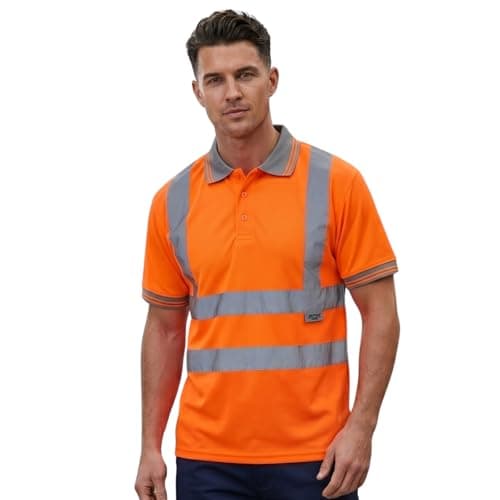 Image of Hi Vis Polo Shirt - High Visibility Safety Workwear with Reflective Stripes T Shirt, Available in Long Sleeve and Short Sleeve Work Top for Men and Women- (Short Sleeve Orange L)
