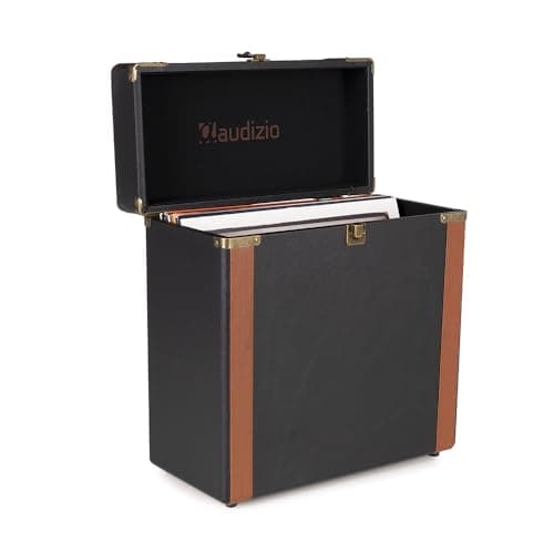 Image of Audizio RC37 Vinyl Record Storage Case - Lux Black, Stylish LP Storage Case, Record Case Holder with Brass Details, Holds 30-35 Records, Metal Latch, Hinge & Carry Handle, Durable & Portable