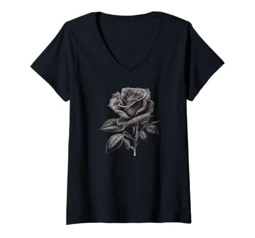 Image of Womens Beautiful Black Rose Flower Aesthetic Clothing Goth Punk Tee V-Neck T-Shirt