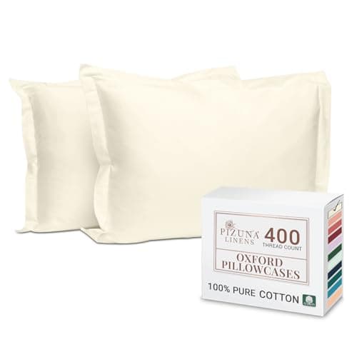 Image of Pizuna 100% Cotton Standard Pillowcases 2 Pack Ivory 50x75cm, 400 Thread Count Long Staple Combed Cotton Soft Pillow Cover, Sateen Weave Oxford Pillow Cases (Cooling Pillowcase 2PC)