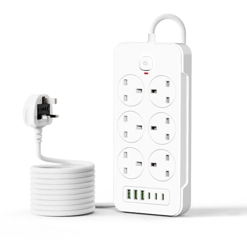 Image of AOUOO Extension Lead with 3 USB Slots (3.4A) and 3 C, 6 Way Plug Extension Socket Surge Protection Power Strip with 2M Extension Cable, 13A/3250W Switch Surge Protected Power Strips for Home -White