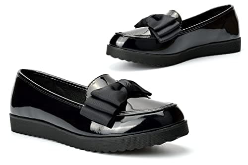 Image of Girls Patent Black School Loafers - Slip On Shoes, Flats - Womens Work & Ladies Black Shoes - Size 2 UK