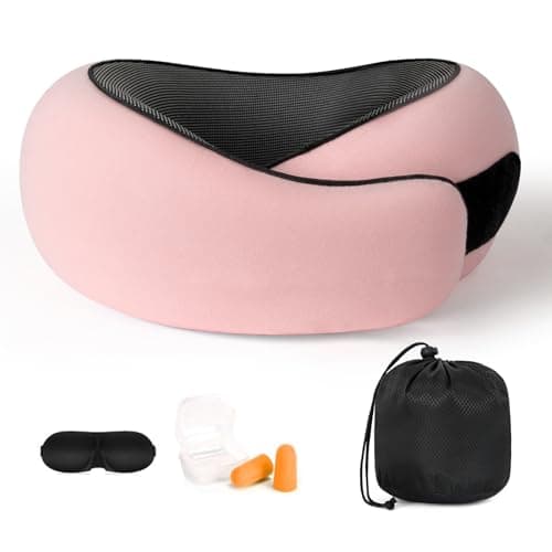 Image of Purecas 360° Memory Foam Travel Pillow for Adults | Adjustable Neck Support for Long Flights, Train & Car Journeys | Includes Carry Case, Eye Mask & Ear Plugs for Complete Travel Comfort(Pink)