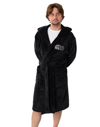Image of Star Wars Darth Vader Mens Black Hooded Bathrobe | Retro Fleece Loungewear with 'Come to the Dark Side' Text | Cosy Bathing Robe for Relaxation Merch - XX-Large