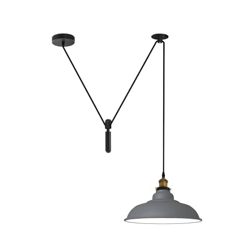 Image of DC VOLTAGE Ceiling Pendant Light, 32cm Grey Curvy Metal Shade, Adjustable 2M Cable, E27, 60W, Industrial Pulley Hanging Lamp, Kitchen Island Loft Lighting