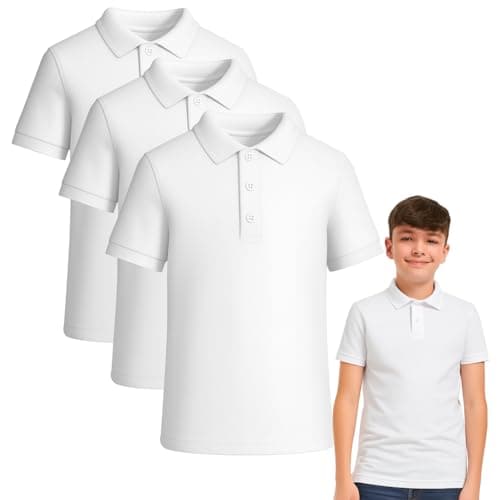 Image of NOROZE 3 Pack 100% Cotton Polo School Shirts for Boys and Girls (Age 5-13 Years) – Standard Fit Plain Kids T Shirt with Stand Up Collar, Short Sleeve School Uniform & Sports Wear White