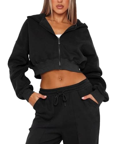 Image of Navneet Women Zip Up Hoodie Cropped Hoodies Casual Sweatshirt Workout Gym Jackets Y2k Going Out Tops Black M