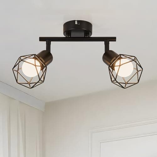 Image of FORCOSO Retro 2 Way Ceiling Spotlight - Adjustable Wall Light Fitted in Matt Black Wire Cage, E14 Industrial Ceiling Light for Indoor Kitchen Living Room Bedroom Loft Hallway Bar Cafe