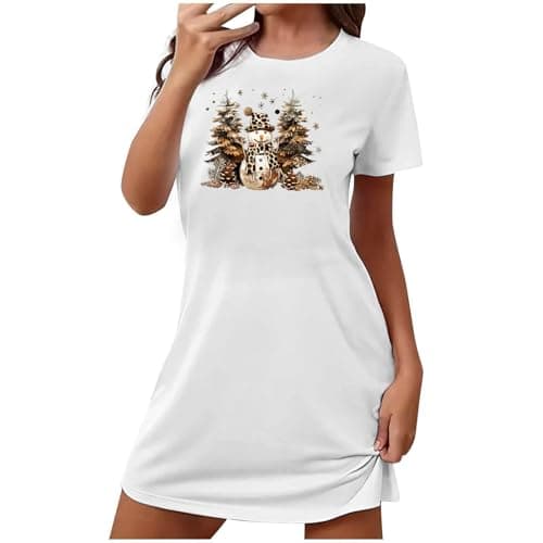 Image of Christmas Tree Nightdress for Women UK Snowman Graphic Print Nightwear Soft Crew Neck Nightshirt Funny Xmas Pattern Short Sleeve Nighties Sleepwear Nightgown Casual Lounge Sleep Wear
