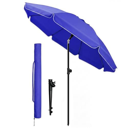 Image of VOUNOT® 2m Tilting Garden Parasol with Ground Anchor, Beach Umbrella with Carry Bag, UV 50+, Adjustable Outdoor Parasol for Patio, Deck & Table, Blue