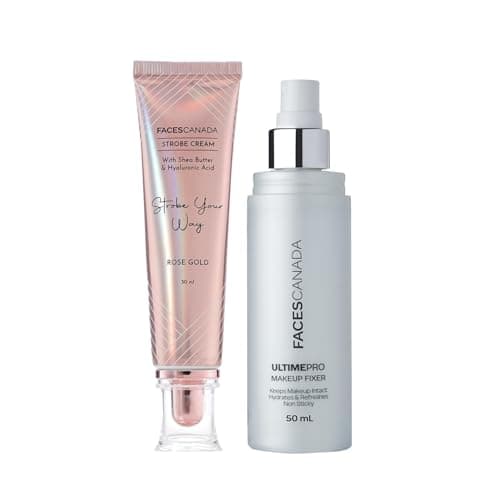 Image of Strobe Cream | Primer + Highlighter + Moisturizer | Shea Butter & Hyaluronic | Flawless Dewy Skin | Rose Gold (30ml) & Makeup Fixer (50ml), 80ml
