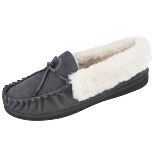 Image of Cushion Walk Ladies Real Suede Leather Faux Sheepskin Fur Lined Moccasin Slippers Size 4-8 (Grey, 7)
