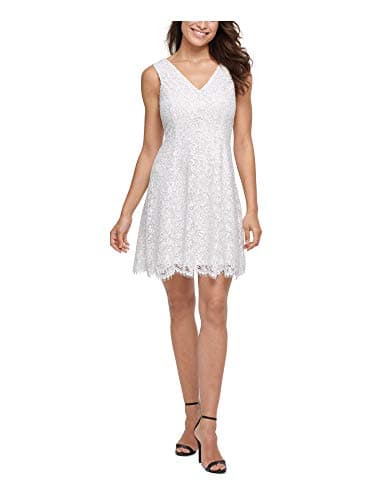 Image of kensie Women's Sleeveless Fit & Flare Lace Mini Dress, Ivory/Silver, 16