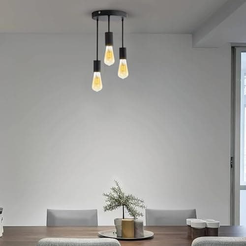 Image of MSC Industrial 3 Pendant Ceiling Light - Includes 3 LED Bulbs – Modern Black Hanging Ceiling Lights with E27 Base, Vintage Multi-Level Lamp Holders for Living Room, Bedroom, Kitchen, Hallway