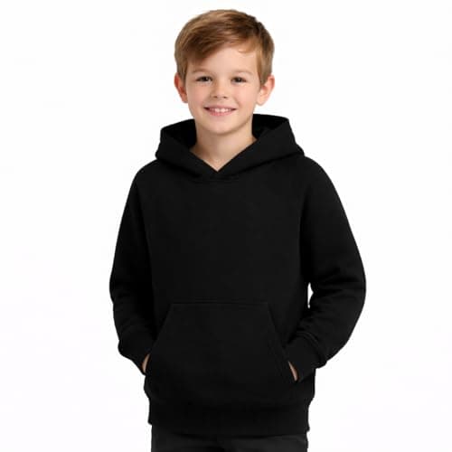 Image of Active Star Kids Plain Pullover Hoodie, Boys Girls Casual Warm Fleece Lined Long Sleeve Hooded Sweatshirt 300 GSM School PE Jumper Hooded Top For Children Age 7-14 Years, (Black - 11-12 Years)