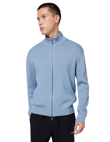 Image of Armani Exchange Men's Long Sleeve Back Logo Patch Zip Closure, Cardigan Sweater, Blue, XL, Faded Denim, XL