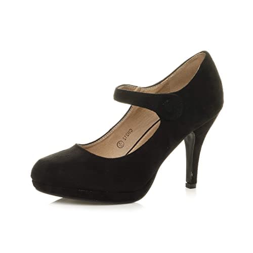 Image of Womens Ladies mid high Heel Mary Jane Strap Evening Court Shoes Pumps Size 6 39, Black Suede, 6 UK