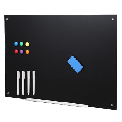 Image of Garvee Glass Dry Erase Board, 90 × 60 cm Tempered Glass Whiteboard, Frameless Magnetic Dry Erase Board Wall Mounted, Large Clear Writing Surface for Office, Home & School, 4 Holes, Black