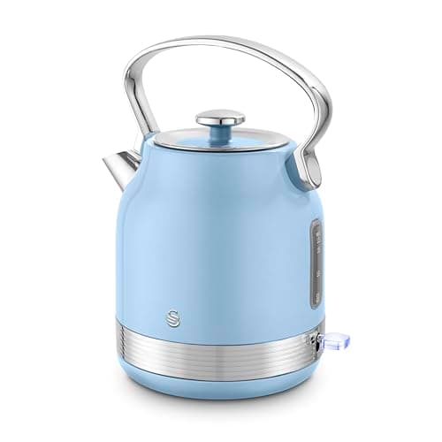 Image of Swan SK14631BLU Retro Traditional Kettle, Rapid Boil, Removable Limescale Filter, Easy Pour, 360 Degree Base, Water Indicator Window and Boil Dry Protection 1.7L, 3KW, Blue and Stainless Steel
