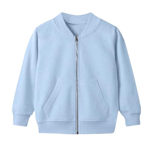Image of duxyoz Bomber Jacket for Girls Long Sleeve Casual Zip Up Sweatshirt Jackets Solid Color Loose Fit Lightweight Warm Preppy School Jackets Blue 11-12 Years