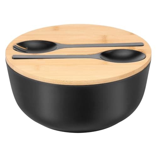 Image of LuLobtg Salad Bowl Bamboo Mixing Bowls with Grooved Lid, 25cm Wooden Food Serving Container with Spoon and Fork for Fruits Pasta Snacks(Black)