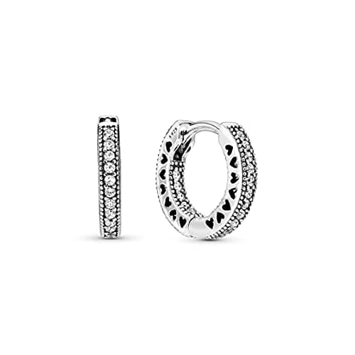 Image of Pandora Signature Women's Sterling Silver Pavé Heart Cubic Zirconia Hoop Earrings, No Box