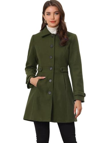 Image of Allegra K Women's Winter Classic Outwear Overcoat with Pockets Single Breasted Coat Army Green M