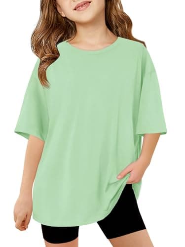 Image of Haloumoning T-Shirts Girls Round Neck Short Sleeve Plain Casual Sports Tops Kids Summer Oversized Shirts Casual Basic Tops, Mint Green, 160 cm